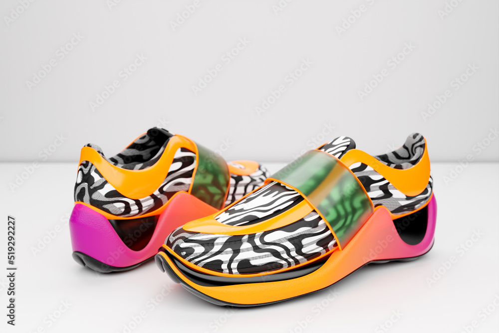 Bright sneakers with animal print on the sole. The concept of bright fashionable sneakers, 3D rendering. Bright sneakers with animal print on the sole. The concept of bright fashionable sneakers, 3D rendering.