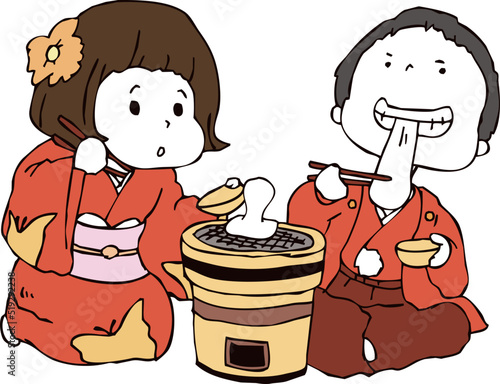 お餅を食べる男女