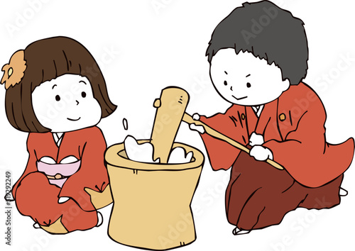 餅つきする男女