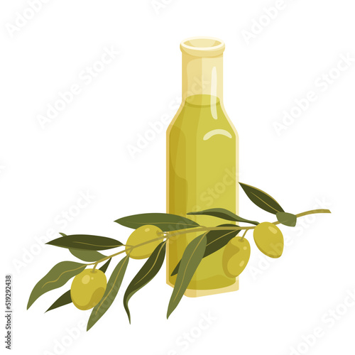 Olive oil, organic food product vector illustration. Cartoon isolated extra virgin oil in glass bottle, tree branch with organic olive fruit and green leaves, Mediterranean natural culinary ingredient
