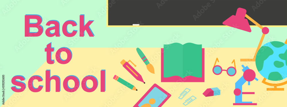 vector back to school banner with education supplies such us book, phone, pen, chalckboard for poster, party, super sale offer. Illustration 10 eps