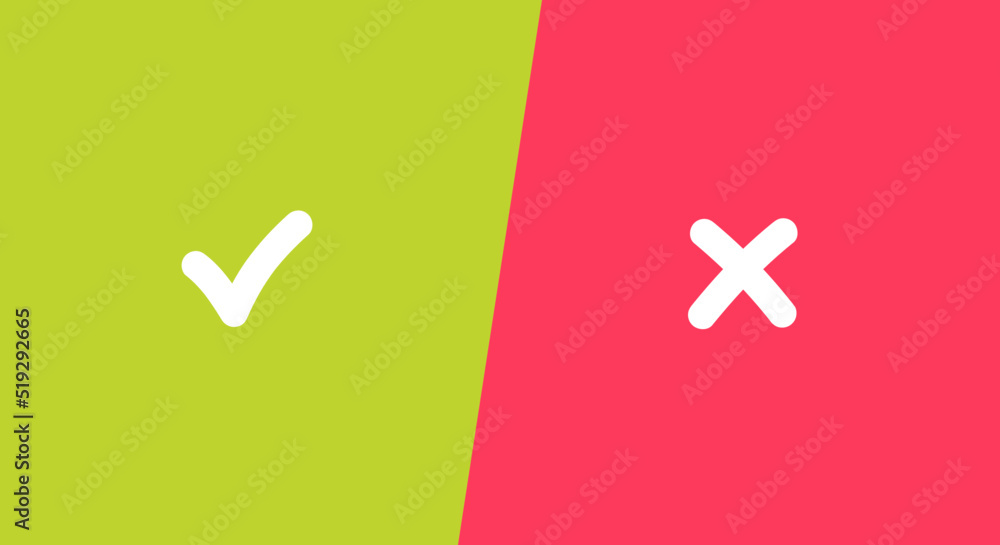 Obraz premium Tick and cross signs on green and red background. Checkmark OK and X icons. Symbols YES and NO for decision making, vote, mobile app, web site. Right and wrong check mark sign 10 eps