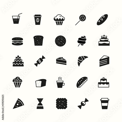 simple bakery icons set flat style black color isolated on background with cake and dessert for logo, confectionery store, bakery shop, cafe, restaurant, sweet pattern, packaging paper. vector 10 eps