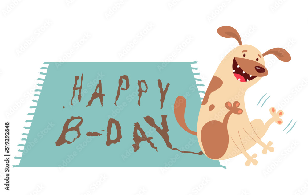 Joyful cute puppy or dog congratulated the owner on the holiday with the inscription Joyful cute puppy or dog congratulated the owner on the holiday with the inscription
