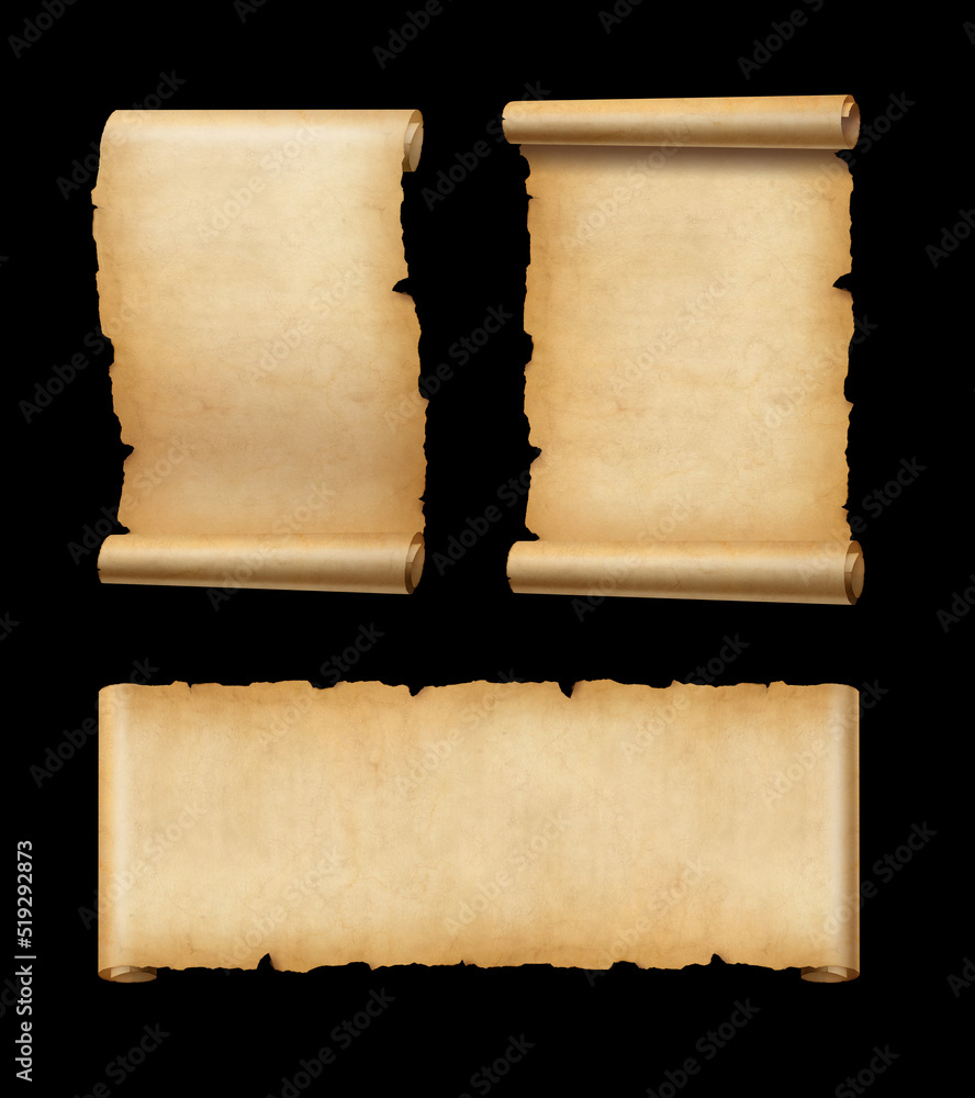 Old Parchment paper scroll set isolated on black. Horizontal and vertical banners