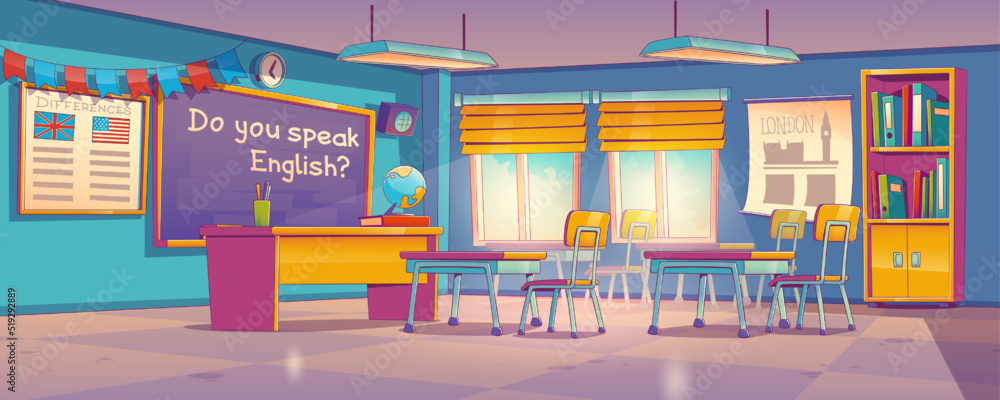 School classroom for English language learning. Vector illustration of empty education class interior with teacher desk, blackboard, tables, chairs, bookcase and globe in contemporary art style