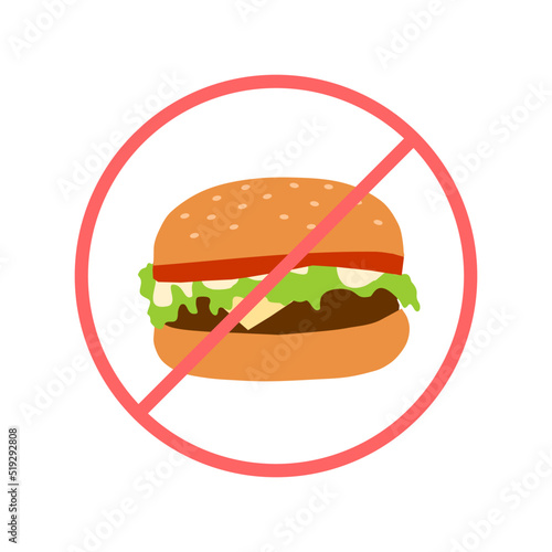 no unhealth food sign with hamburger cartoon flat style. Fast food banner. Vector 10 eps