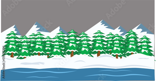 landscape with trees and mountains. Snow winter parallax background for games.