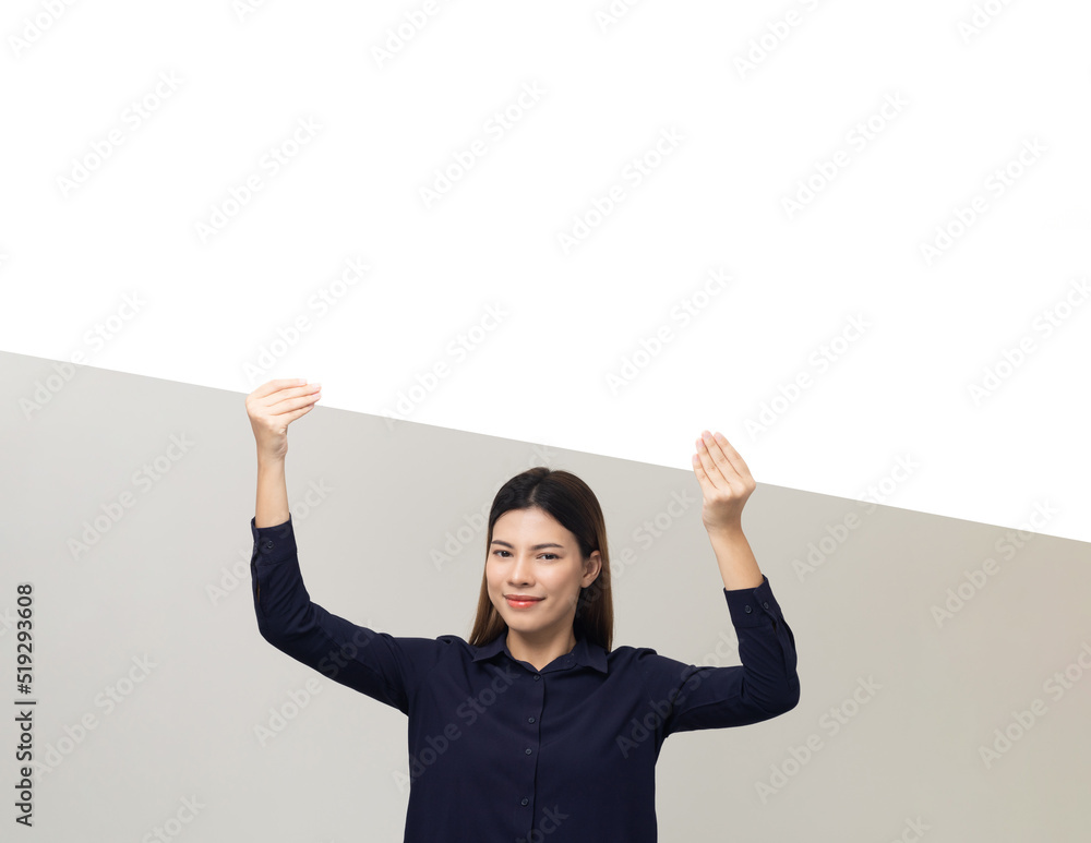 Portrait of Young beautiful mixed race woman standing and smiling on isolated white background with big mockup billboard for advertising text. Portrait of Young beautiful mixed race woman standing and smiling on isolated white background with big mockup billboard for advertising text.