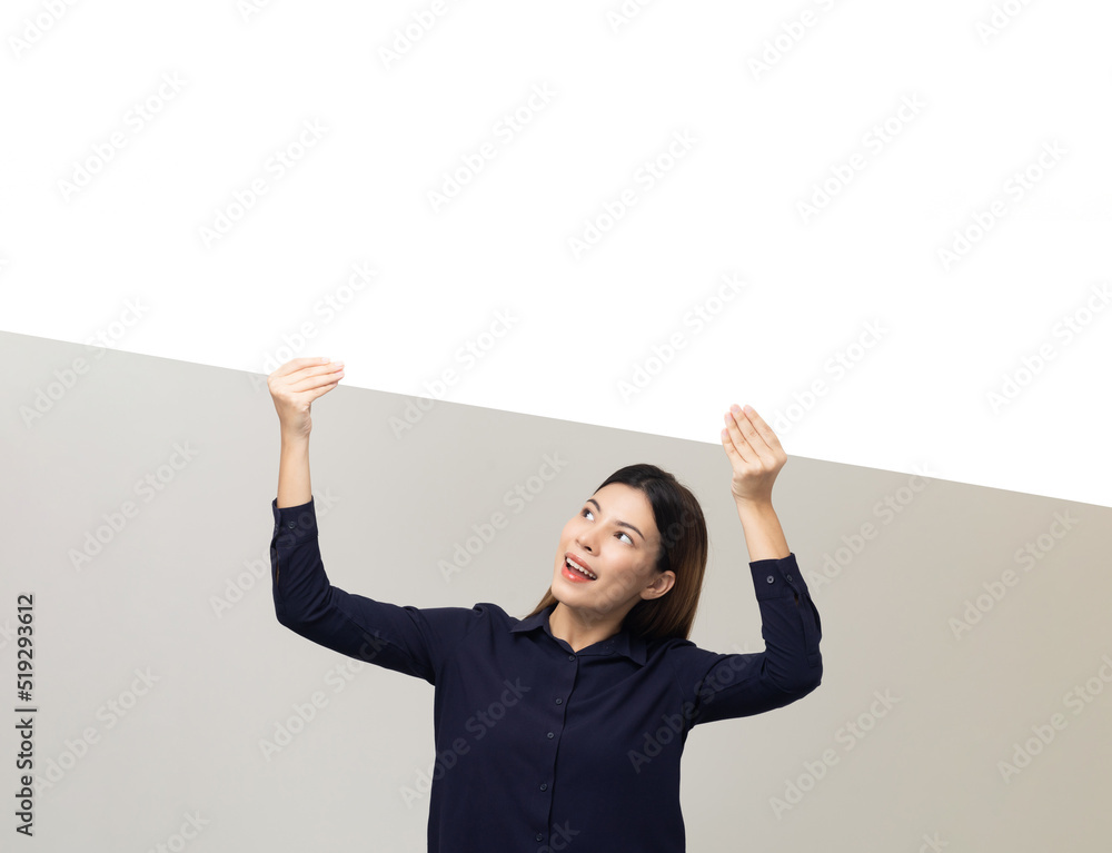 Portrait of Young beautiful mixed race woman standing and smiling on isolated white background with big mockup billboard for advertising text. Portrait of Young beautiful mixed race woman standing and smiling on isolated white background with big mockup billboard for advertising text.
