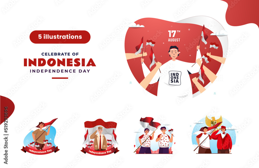 Naklejka premium Celebrate Indonesia Independence Day flat design collection set concept