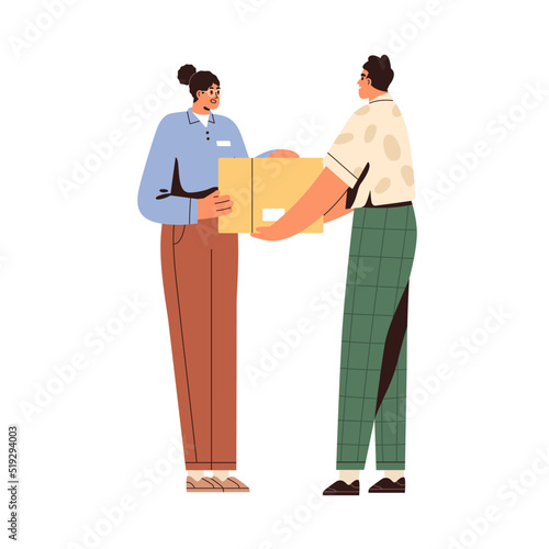 Courier giving delivered order in box to customer. Person receiving cardboard parcel. Deliveryman with goods package from post service. Flat vector illustration isolated on white background
