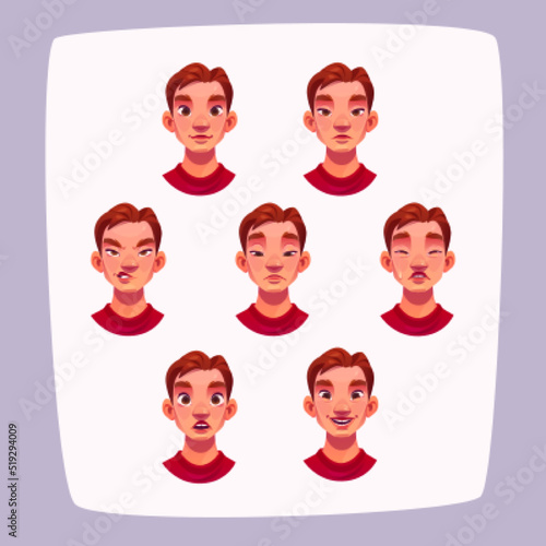 Young man face expressions, cartoon male character avatar with different emotions isolated on white background. Handsome boy emoji smile, despise, sad, crying and surprised, Vector illustration set