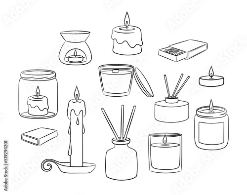 A set of diffuser and wax candles with a wick in a glass holder with a wooden lid. Sketch in doodle style. Air freshener and candles in a jar drawn in a sketch style. Isolated vector illustration.