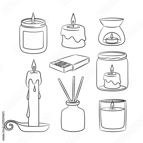 A set of diffuser and wax candles with a wick in a glass holder with a wooden lid. Sketch in doodle style. Air freshener and candles in a jar drawn in a sketch style. Isolated vector illustration.