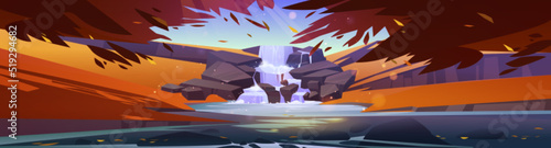 Autumn forest landscape with cascade waterfall on stones. Vector cartoon illustration of nature scene with river, waterfall, trees with oranges leaves, grass, bushes and path