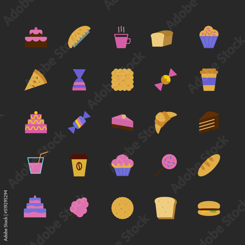 vector bakery icons set colorful flat style isolated on background with cake and dessert for confectionery store, bakery shop, logo, cafe, restaurant, sweet pattern, packaging paper 10 eps