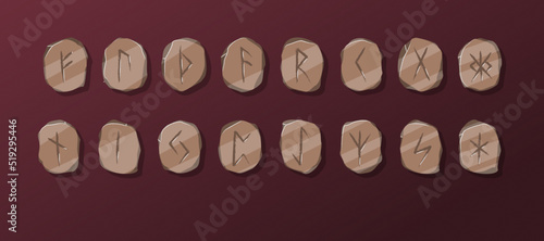 Vector stone runes set. Writing ancient Germans and Scandinavians. Mystical, esoteric, occult, magic symbols. Fortune telling, predicting the future. Isolated. Cartoon illustration