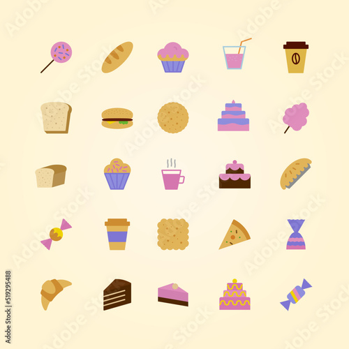 vector icons set of bakery colorful flat style isolated on background with cake and dessert for confectionery store, bakery shop, logo, cafe, restaurant, sweet pattern, packaging paper 10 eps