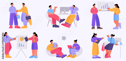 Office life concept, business workers men and women communicate, analyzing data chart, shaking hands, work on laptops. Clerks, professional corporate employees, Line art flat vector illustration, set