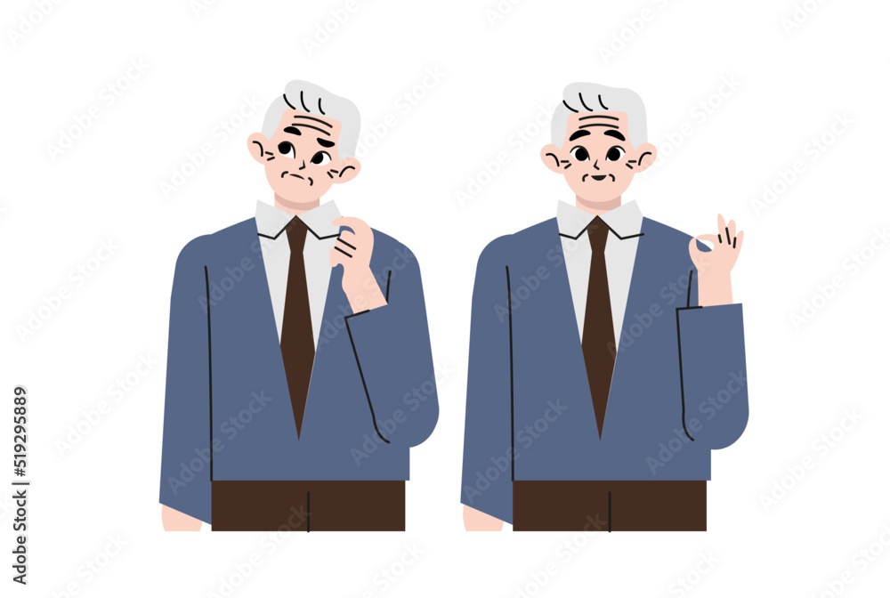 Handsome senior man in suit clothes thinking looking away and making idea pointing up. Vector illustration isolated on white. Handsome senior man in suit clothes thinking looking away and making idea pointing up. Vector illustration isolated on white.