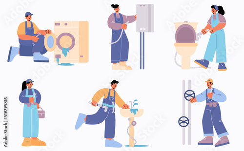 Plumbers and handymen repair broken plumbing and technics sink, leakage, toilet bowl, heater, washing machine and pipes. Call masters service staff fix home appliances, Cartoon vector illustration