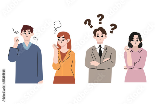 Puzzled people wondering or thinking, planning or pondering. Men and women full of thoughts, holding hand by chin. Confused males and females isolated. Cartoon character. Vector illustration isolated 