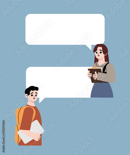 Young man and woman chatting with speech bubbles. The dialogue between people, business conversation. Design template for your banner or poster. Place for your text. Flat style vector illustration