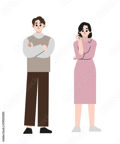 Couple of man and woman having a question. Male and female characters standing in thoughtful pose holding chin. Quarrel, doubts or interest in relationship. Vector illustration isolated on white.