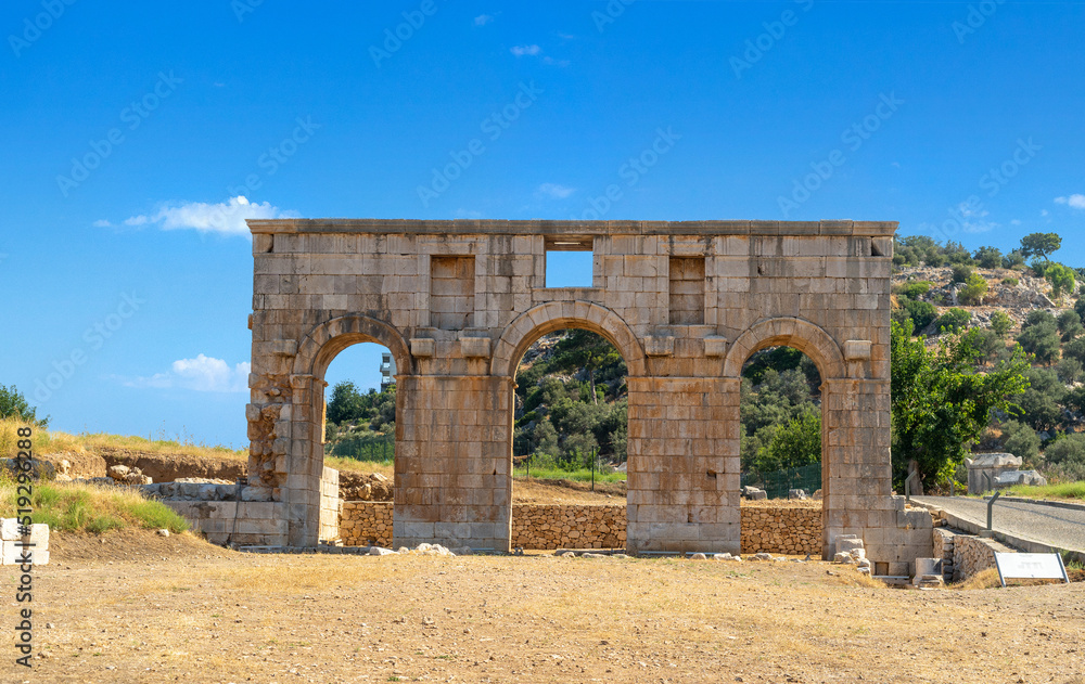 Wide angle panoramic photo of Patara ancient city.