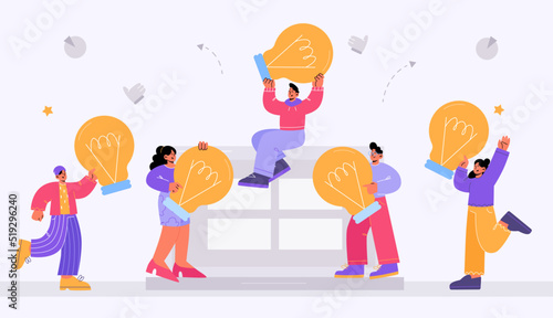 Creative idea, inspiration, innovation concept. Business characters team hold lamps search solution or insights. Tiny people with huge light bulbs at laptop screen, Line art flat vector illustration