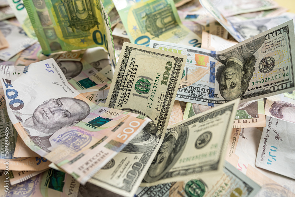 dollars euro and uah hryvnia bills, exchange concept dollars euro and uah hryvnia bills, exchange concept