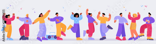Disco party with happy people dance to music from boombox, player and headphones. Vector flat illustration of excited men and women enjoy music, have fun and dance