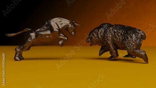 Bronze bull and bear sculpture staring at each other in dramatic contrasting light representing financial market trends under orange-black background. Concept images of stock market. 3D CG. © DRN Studio
