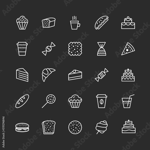 hand draw icons set of bakery line style isolated on background with cake and dessert for confectionery store, bakery shop, logo, cafe, restaurant, sweet pattern, packaging paper. vector 10 eps