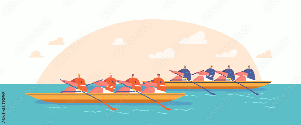 Rowing Competitions, Sport. Athletes Swim On Canoe or Kayak Boats, Two Teams of Men Athlete In Sportswear Rowing Oar