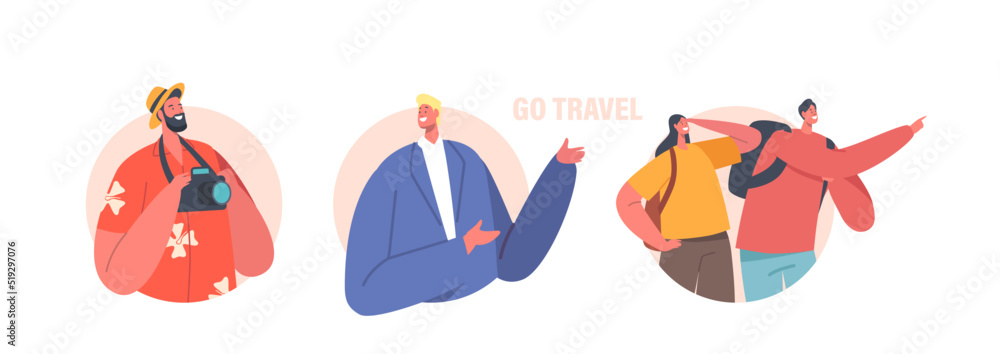 Tourists Man and Woman Backpackers and Guide Isolated Icons or Avatars. Travelers Hiking Adventure Vacation Trip