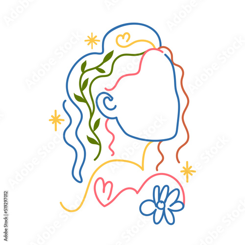 Colored outline vector illustration woman head, stars and flowers. Inspirational nature lover print design, holistic healing meditation, reiki new age concept art, modern female abstract