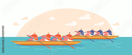 Rowing Competitions, Sport. Athletes Swim On Canoe or Kayak Boats, Two Teams of Men Athlete In Sportswear Rowing Oar