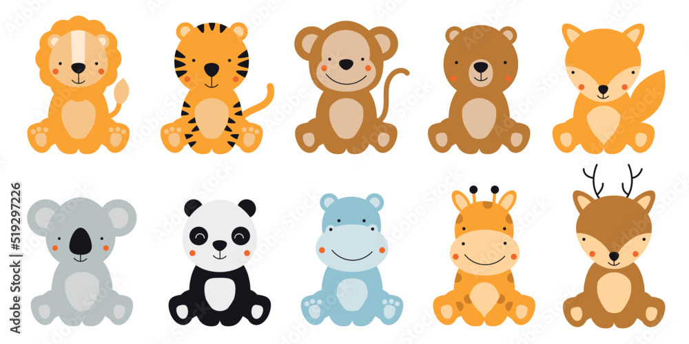 Set with cute animal monkey, giraffe, lion, tiger, panda, koala, fox and deer isolated on a white background Vector illustration for printing on fabric, wrapping paper, clothing. Cute baby background