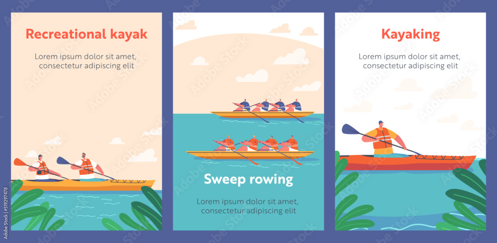 Kayaking, Canoeing Sport Competition Banners. Sportsmen Sweep Rowing in Kayaks, Extreme Activity, Championship Games
