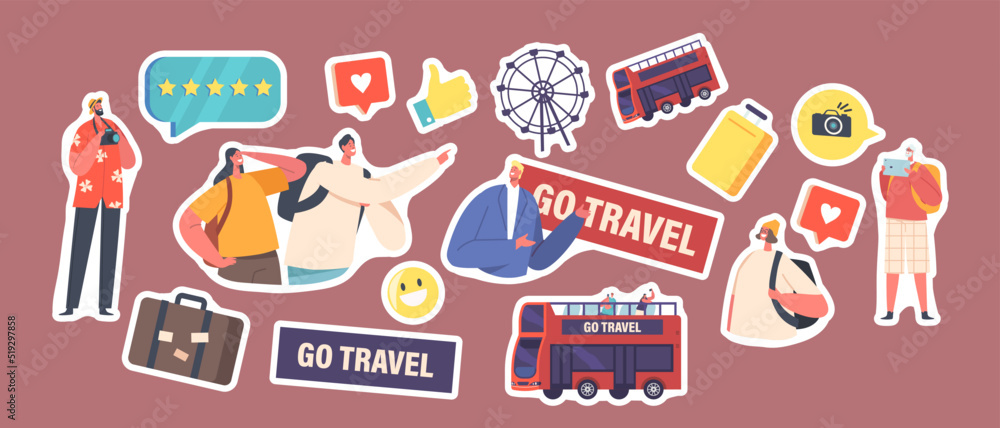 Stickers Tourists Travel on Bus, Characters Visiting Sightseeing, People In Casual Clothes with Backpack, Double Decker Stickers Tourists Travel on Bus, Characters Visiting Sightseeing, People In Casual Clothes with Backpack, Double Decker