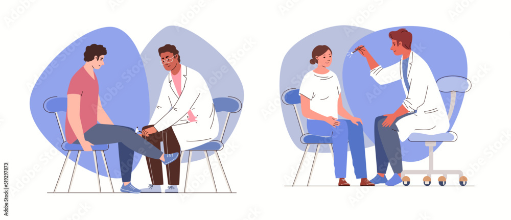 Medical scene illustration set. Diagnosis and treatment of neurological diseases. Character neurology checks reflexes of eyes with flashlight and hits patient's knee with hammer Visit to doctor Vector - obrazy, fototapety, plakaty 