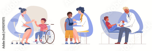 Children with injuries on examination by doctor Pediatrician psychologically supports boy in wheelchair. Surgeon applies bandage to child's injured arm Traumatology examines child's broken leg Vector