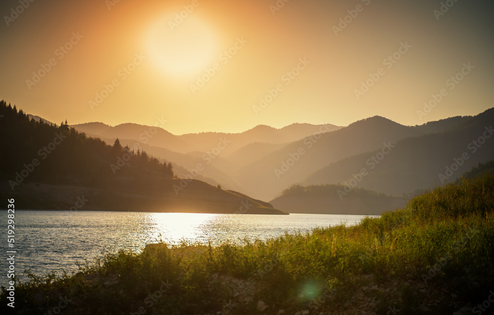 Fototapeta premium View of Zaovine lake in Tara natural park in Serbia at dusk at sunset