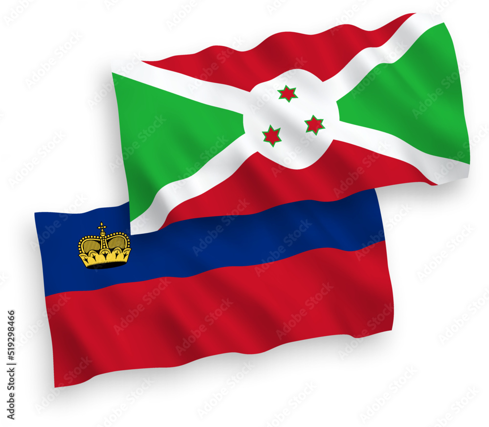 National vector fabric wave flags of Liechtenstein and Burundi isolated on white background. 1 to 2 proportion.