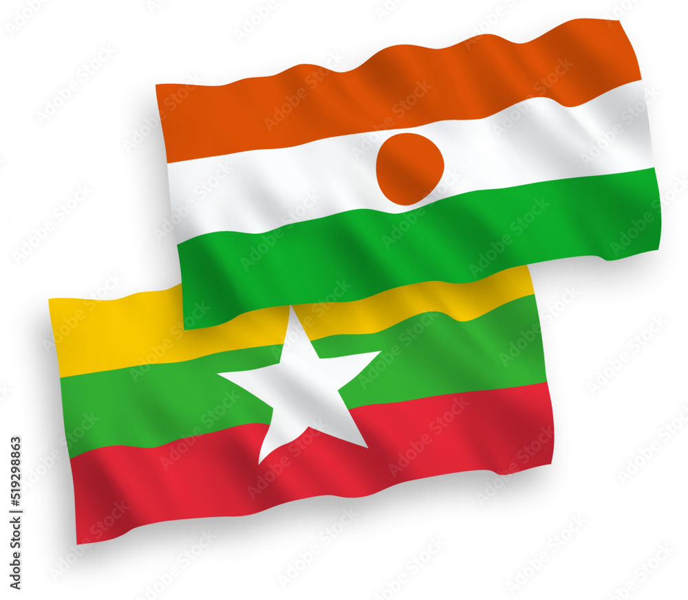 National vector fabric wave flags of Republic of the Niger and Myanmar isolated on white background. 1 to 2 proportion. National vector fabric wave flags of Republic of the Niger and Myanmar isolated on white background. 1 to 2 proportion.