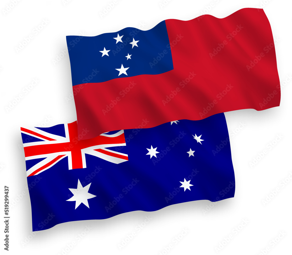 National vector fabric wave flags of Australia and Independent State of Samoa isolated on white background. 1 to 2 proportion. National vector fabric wave flags of Australia and Independent State of Samoa isolated on white background. 1 to 2 proportion.