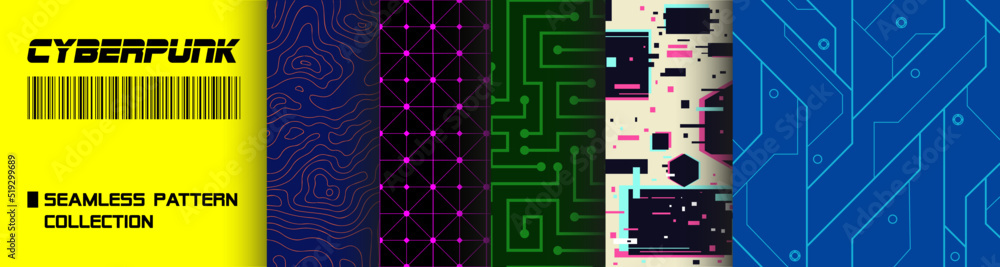 Cyberpunk Seamless Pattern Collection Set, Glitch Effect, Motherboard, Integrated circuit, Contour Map, Decorative Mosaic from Future. Materials for apparel, clothes, textiles.