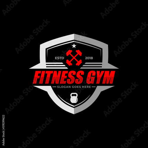 fitness Gym training logo design badge vector with kettle bell and lighting vector illustration , best for gym training logo brand template
